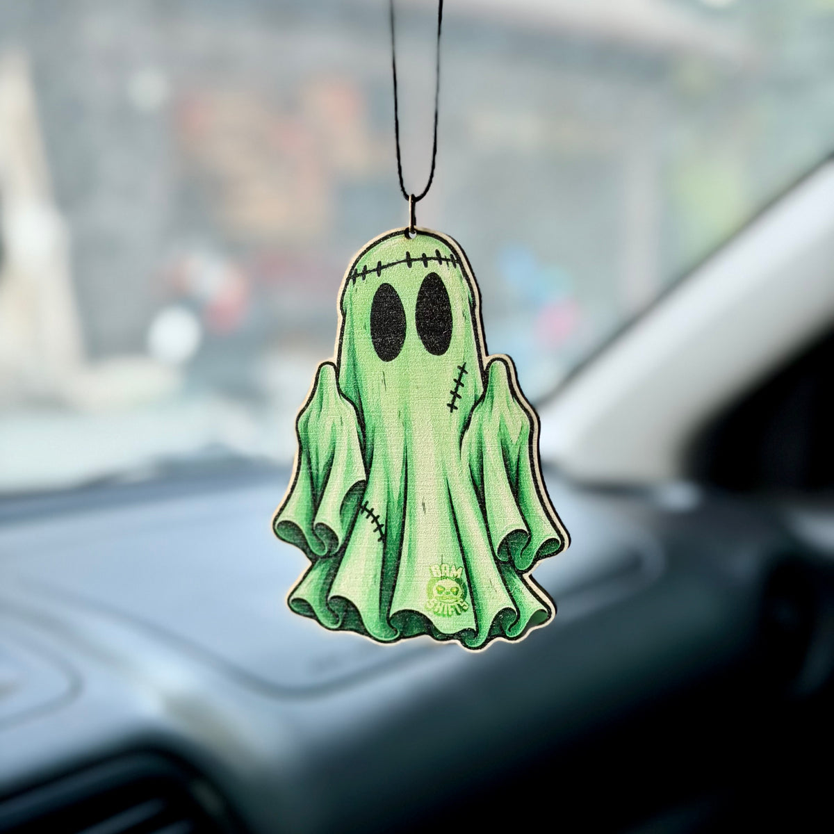 FU Ghost green stitched ghost wooden air freshener hanging from car mirror - BAM SHIFTS