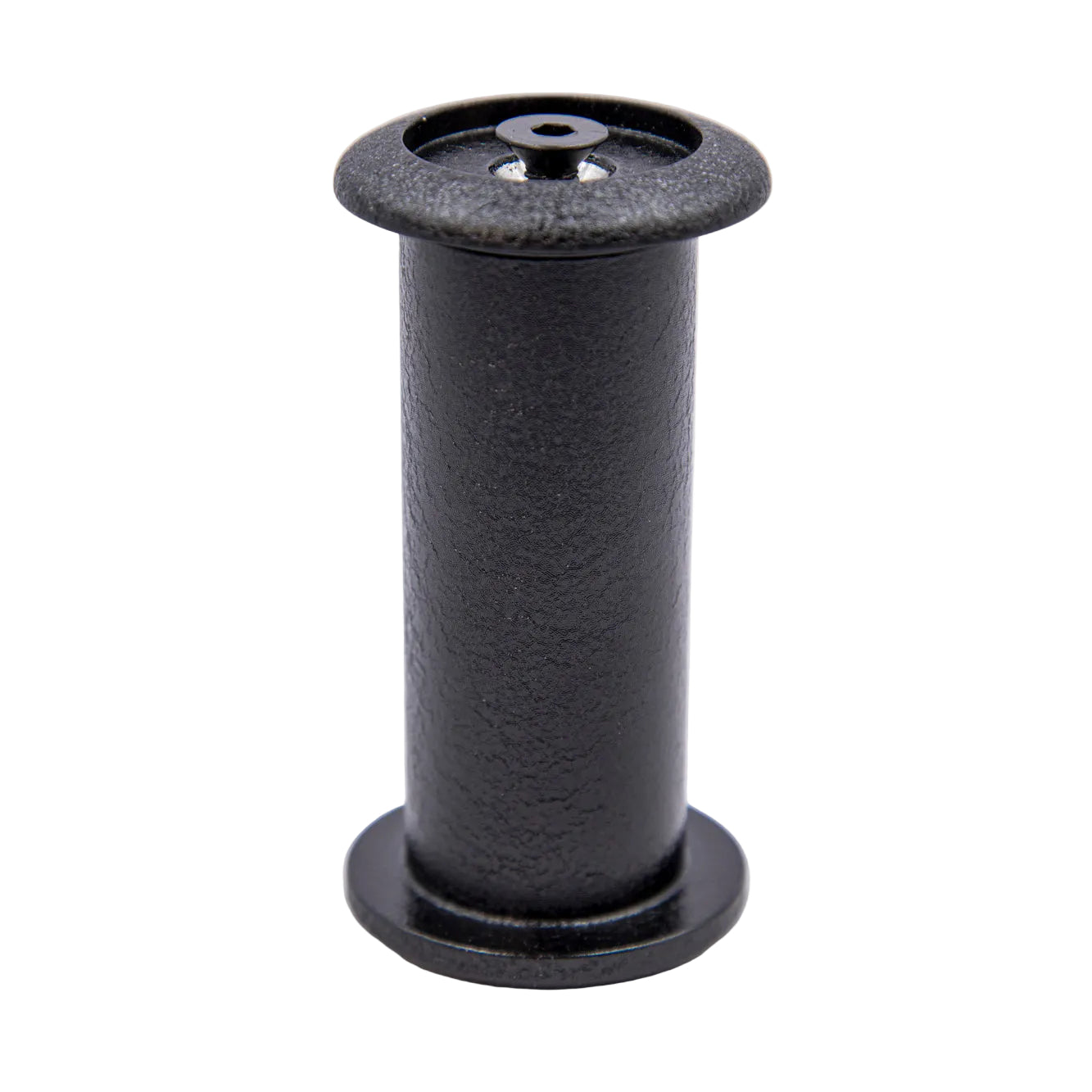 Black cylindrical object with a textured surface on a white background