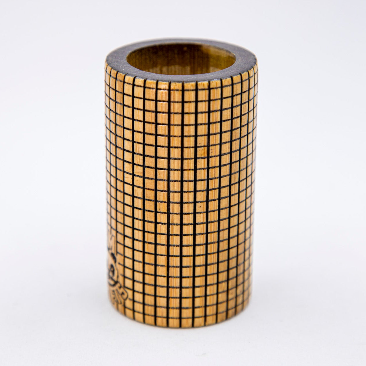 Cylindrical metal component with grid pattern on a white background