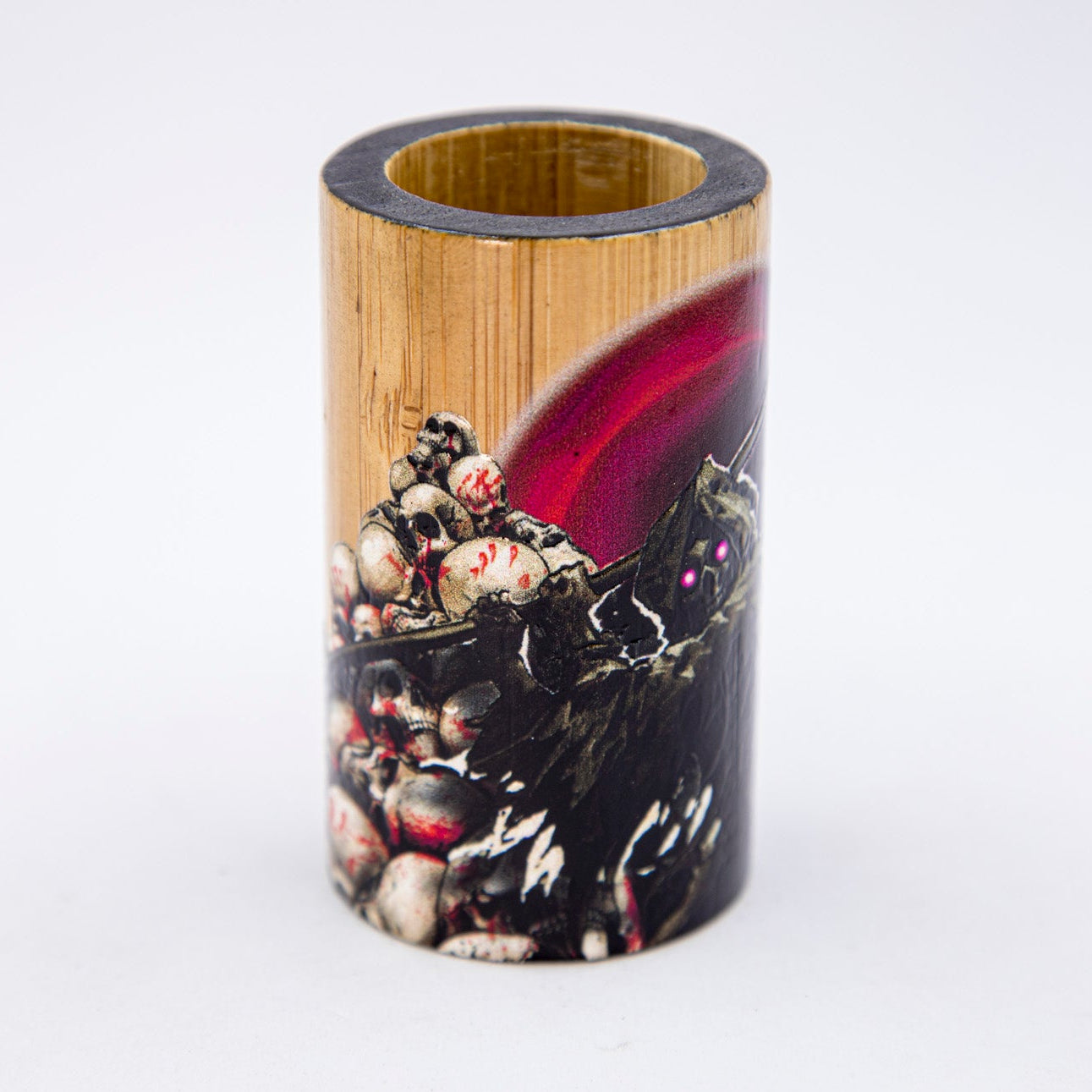 Bamboo pen holder with a decorative design on a white background