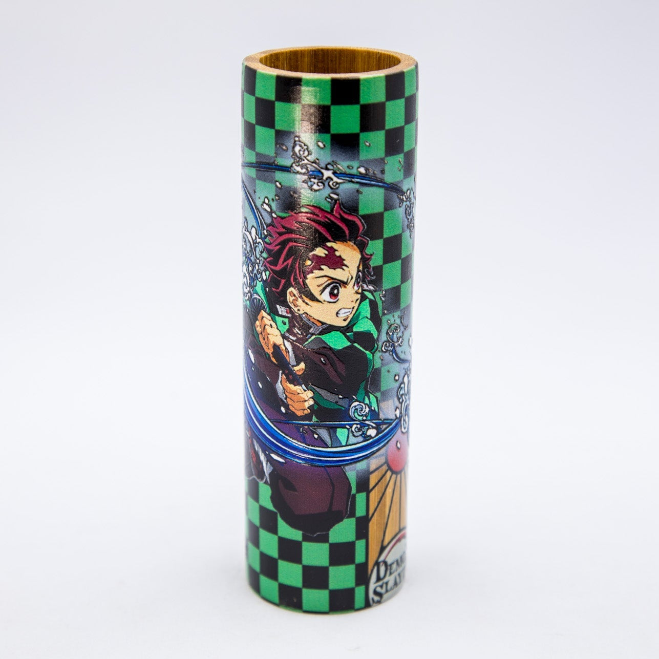 Cylindrical container with anime character design on a white background