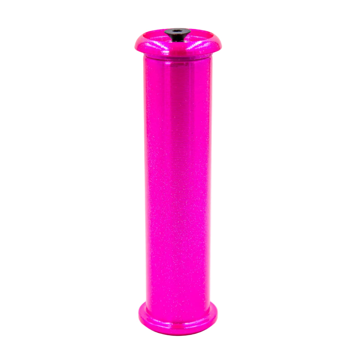 Pink cylindrical object with a black top on a white background