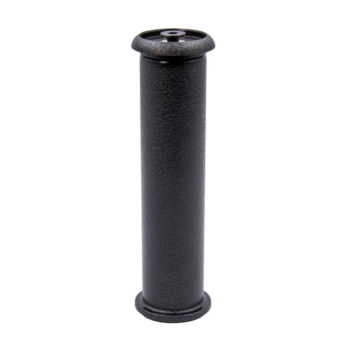 Black cylindrical object with a textured surface on a white background