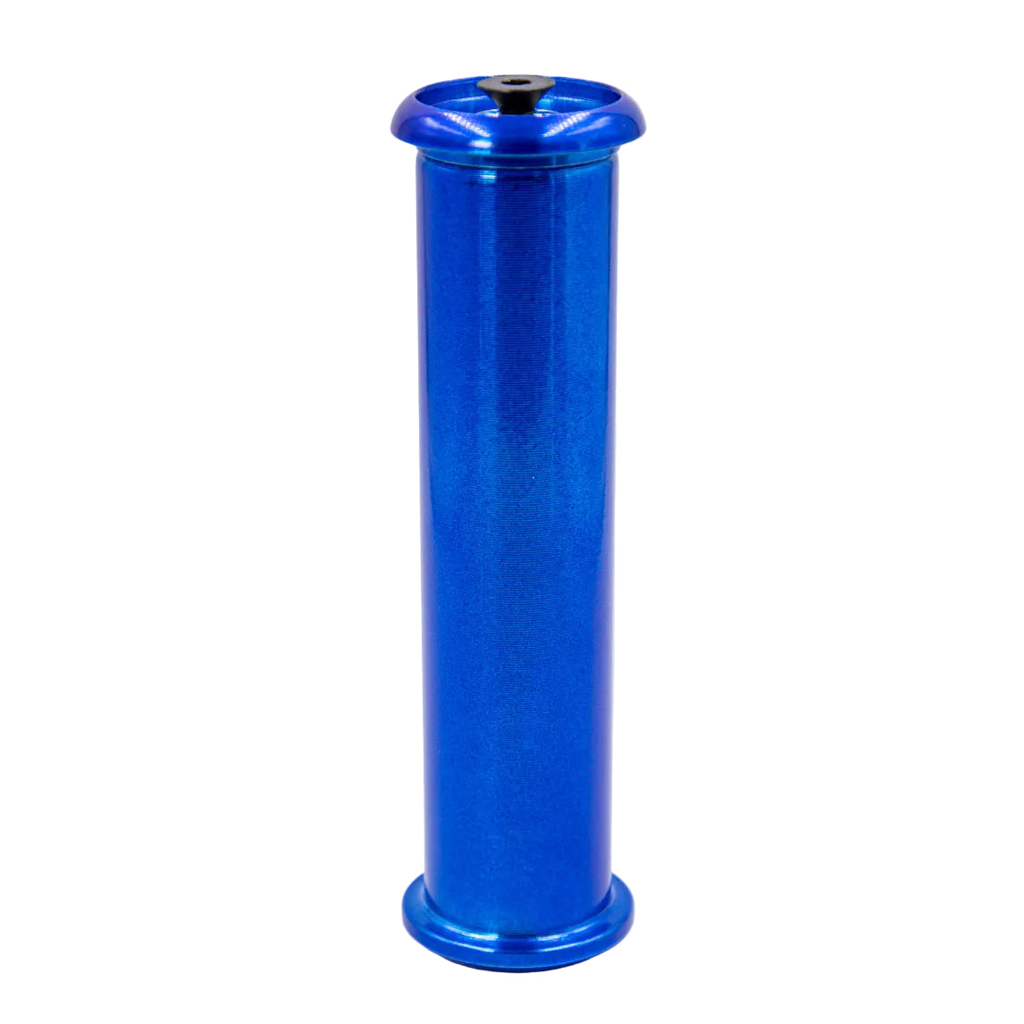 Blue cylindrical object with a black top on a white background
