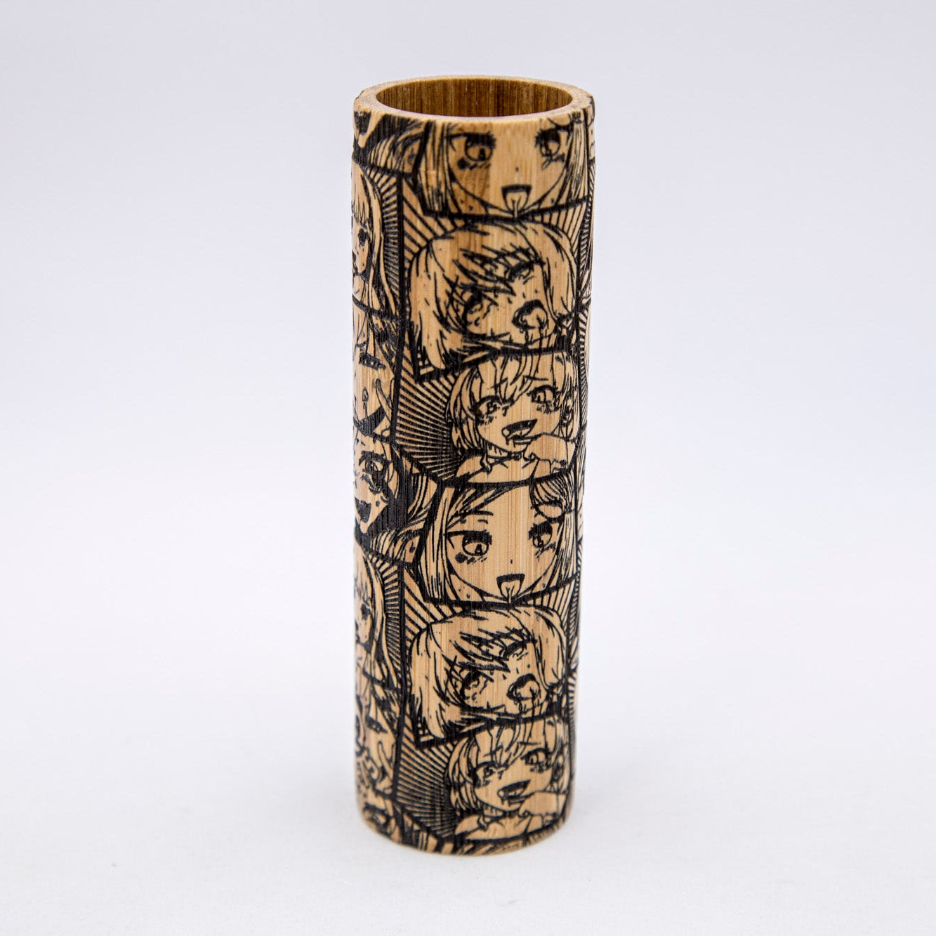 Tall cylindrical vase with printed design on a white background