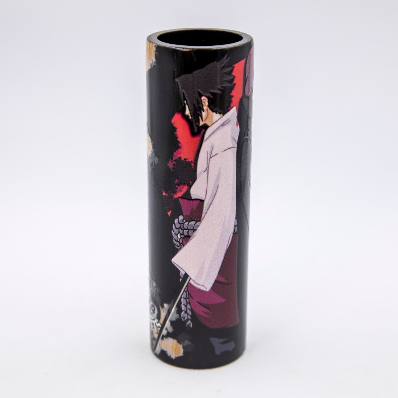 Cylindrical product with artistic design on a white background