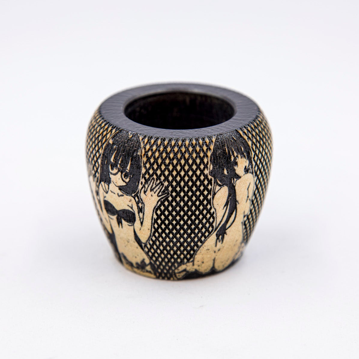Decorative vase with black and white pattern on a white background