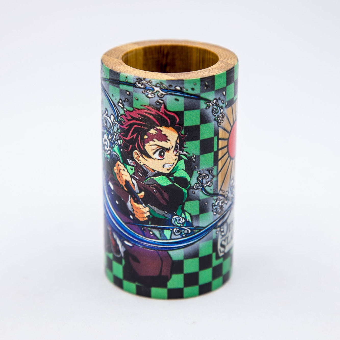 Decorative cylindrical container with anime character design on a white background
