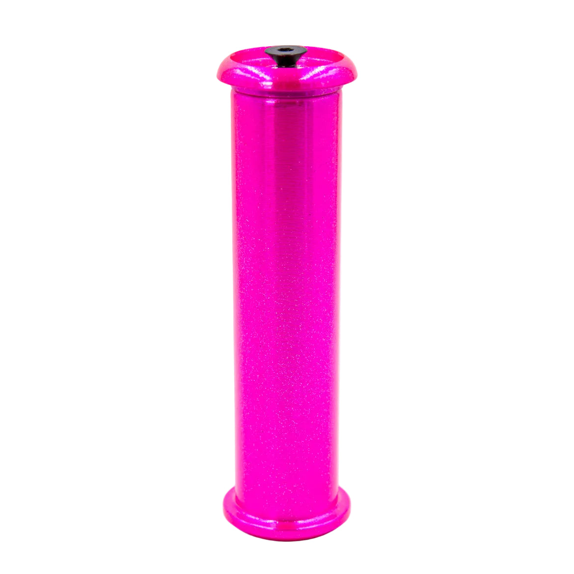 Pink cylindrical object with a black top on a white background